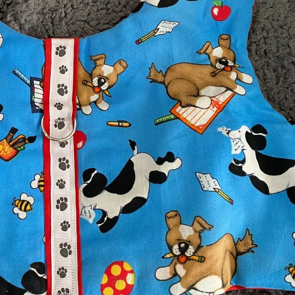 Like New- DOGS on a Blue background playing harness- handmade